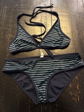 Striped Navy and Mint Triangle Bikini Set